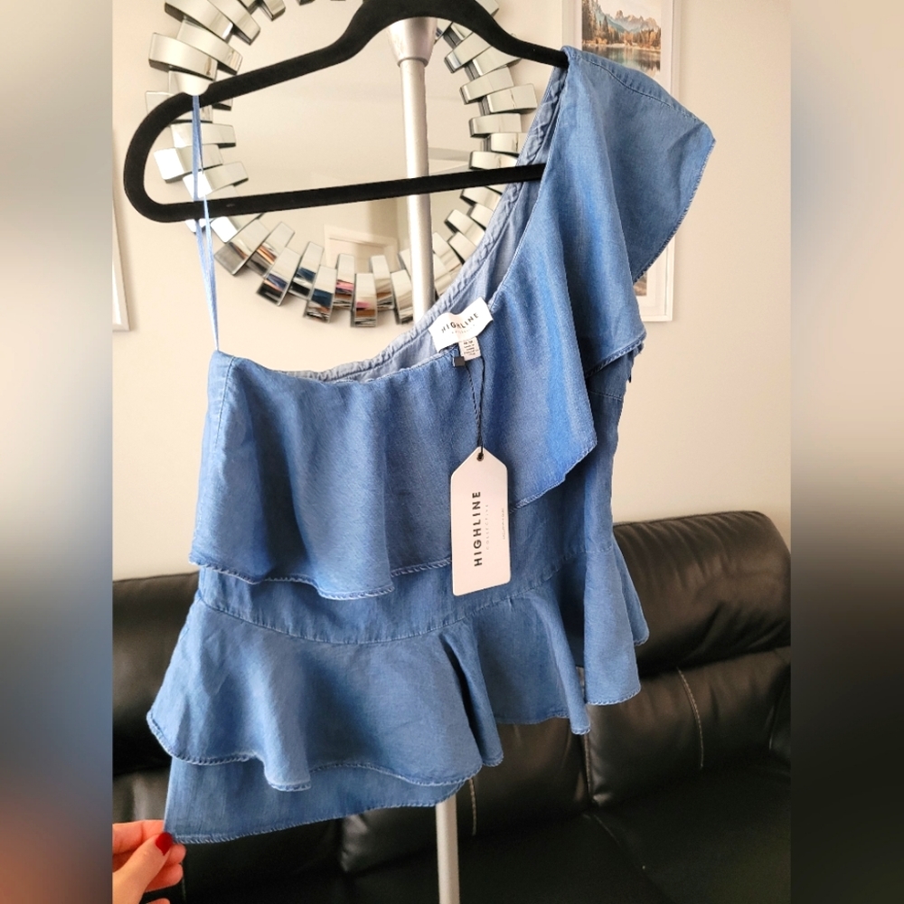 NWT Highline Brand Size Medium One Shoulder Ruffle Denim Lyocell Top